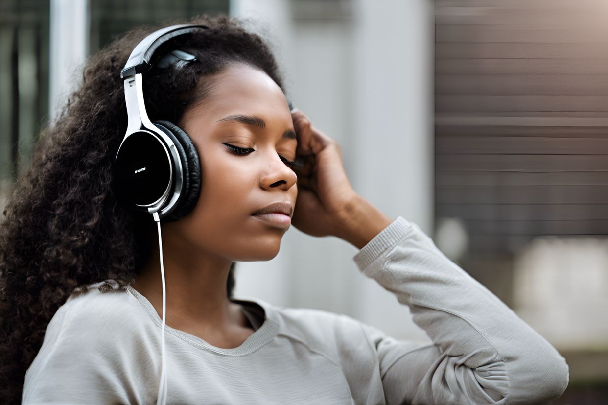 A person deeply engrossed in listening to music