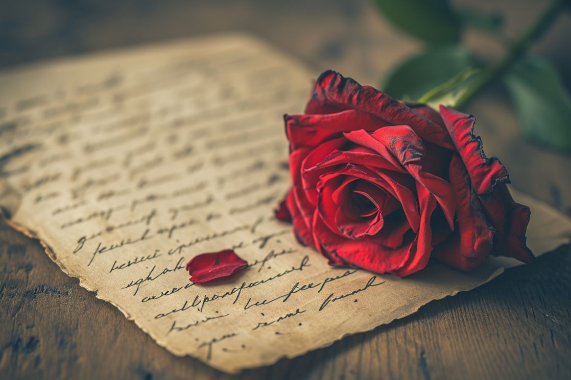 Handwritten love letter with a red rose