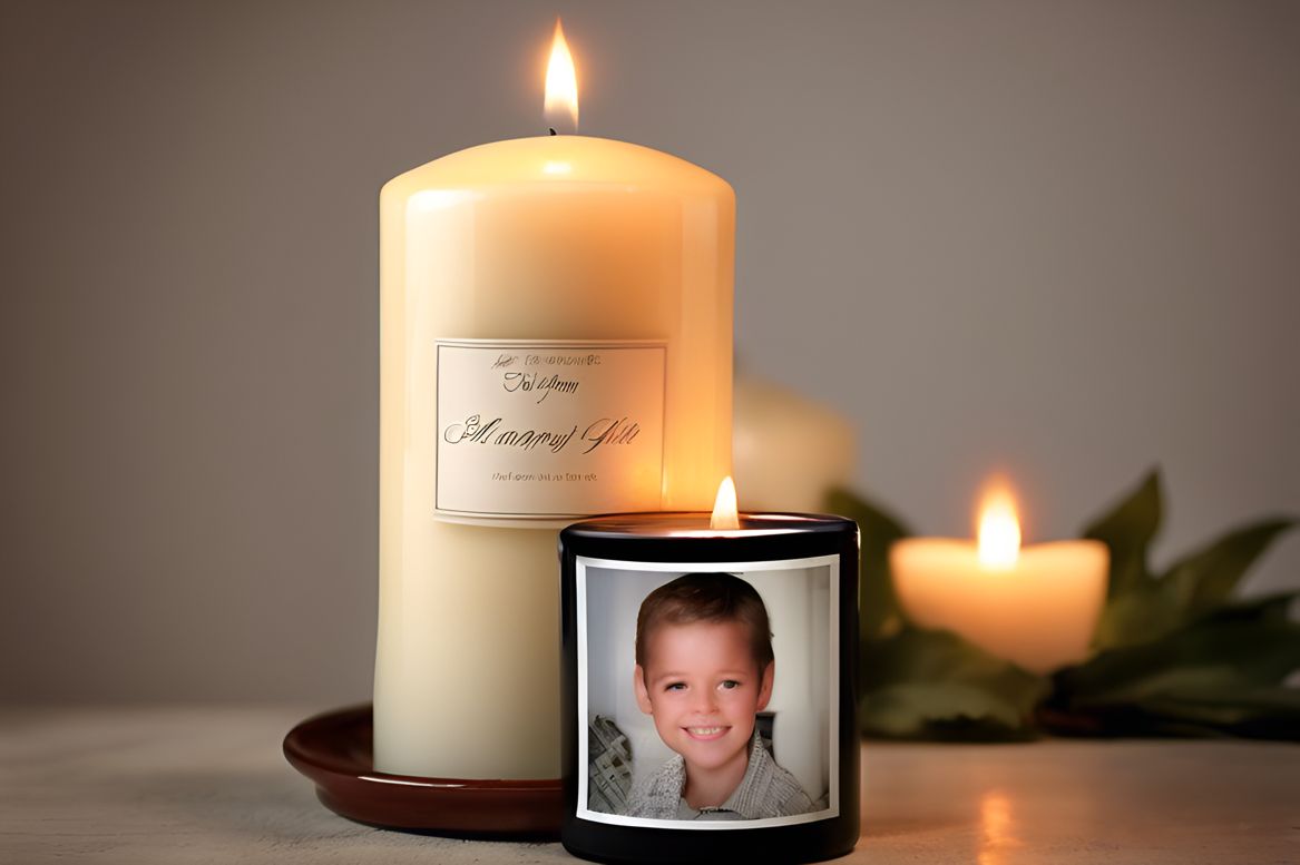 Candle lit in memory with family photos