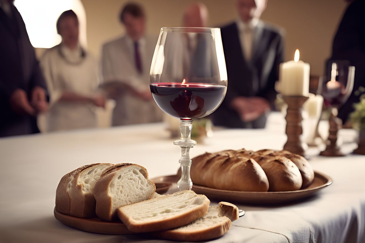 Communion service with bread and wine