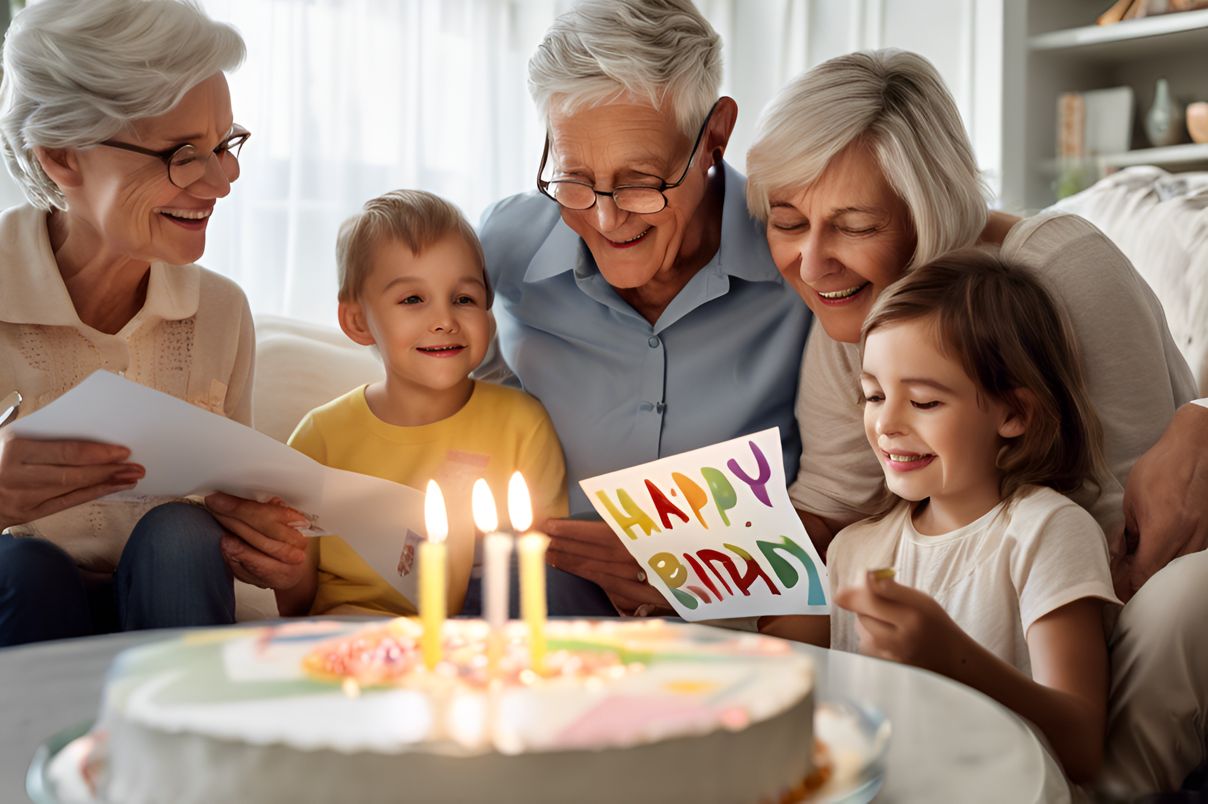 Grandmother reading birthday card amidst her family