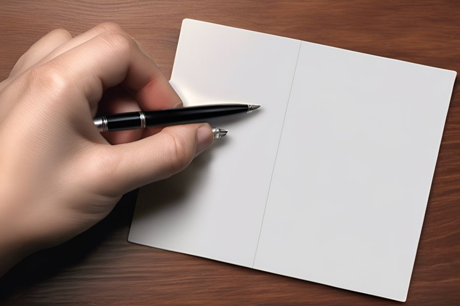 Hand holding a pen ready to write on a card