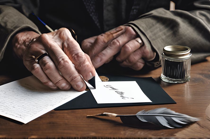 Hands holding a personalized letter with a feather pen and inkwell