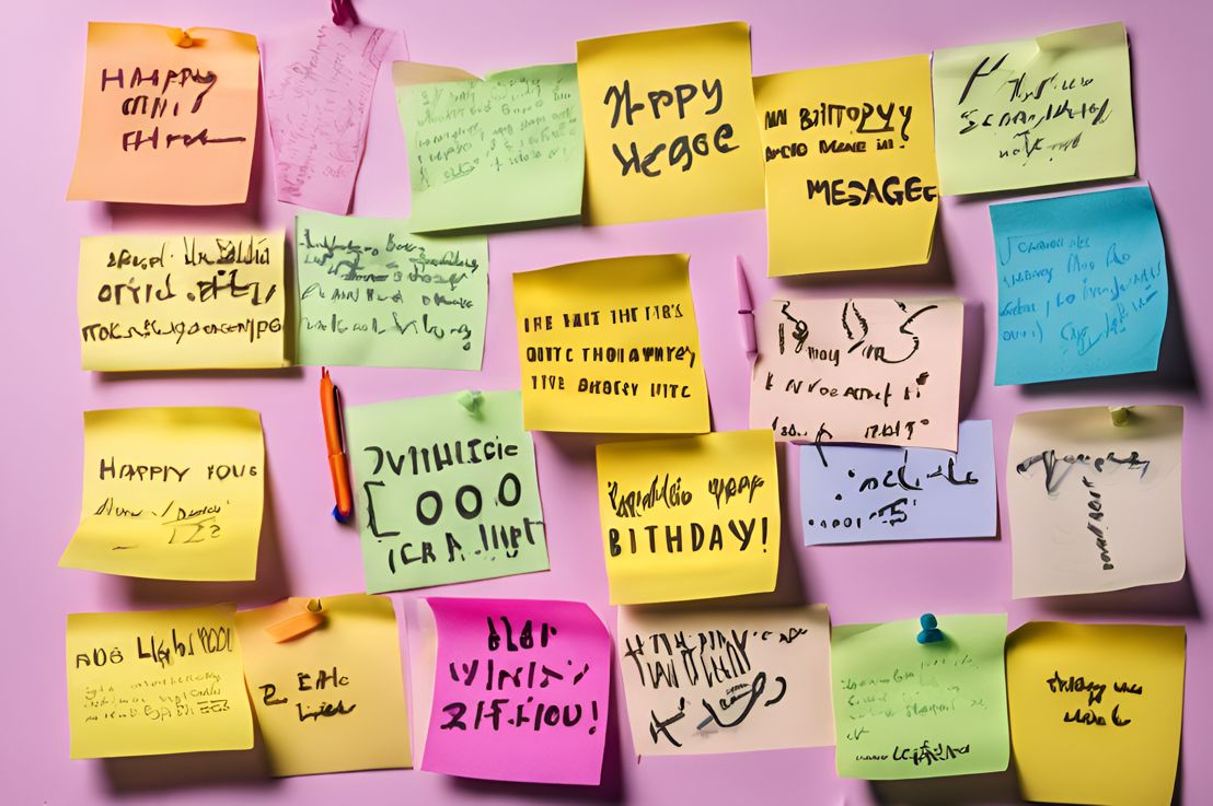 Handwritten birthday messages on sticky notes