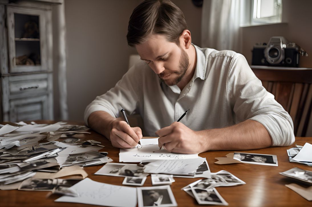 Man writing a letter with photos of his brother