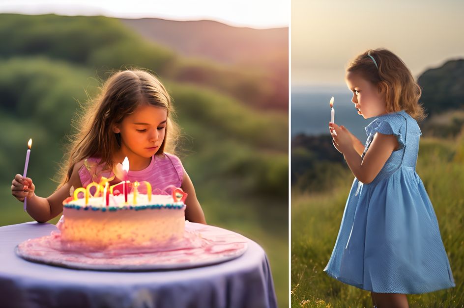 young girl blowing out candles on a birthday cake alt text: birthday girl blowing out candles