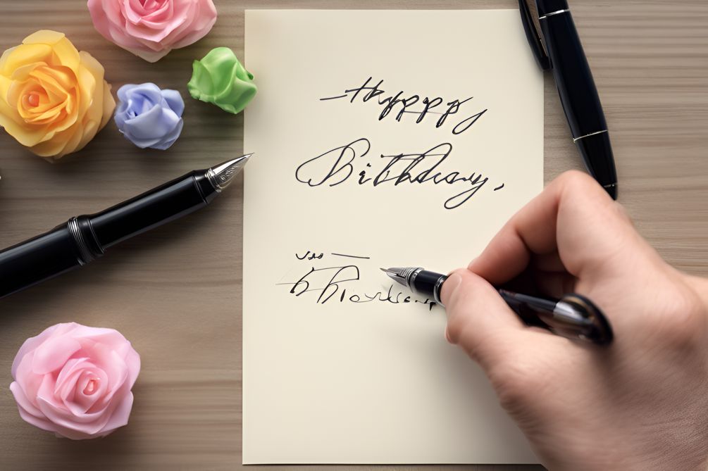 Person writing a birthday message on a card