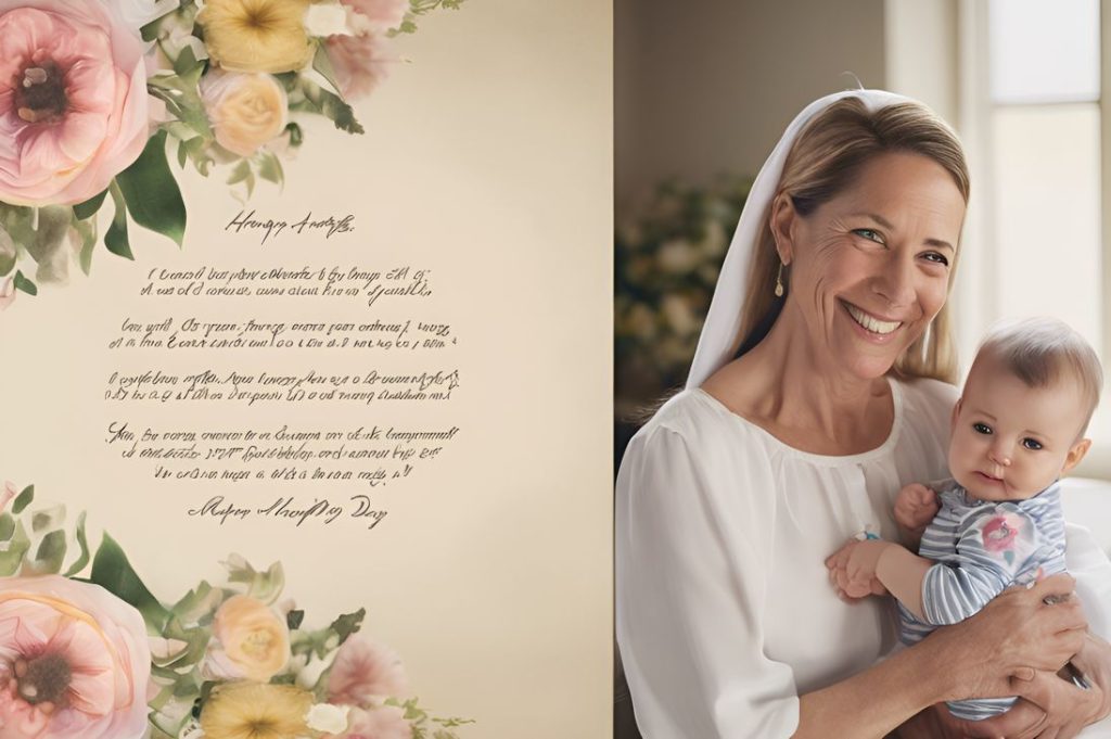 1. godmother embracing godchild 2. godmother at baptismal ceremony 3. handwritten mothers day note for godmother 4. woman writing a mothers day card 5. personalized mothers day card for godmother 6. mothers day card with an invitation for a personal meet-up
