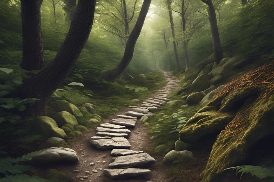Rocky path through a forest