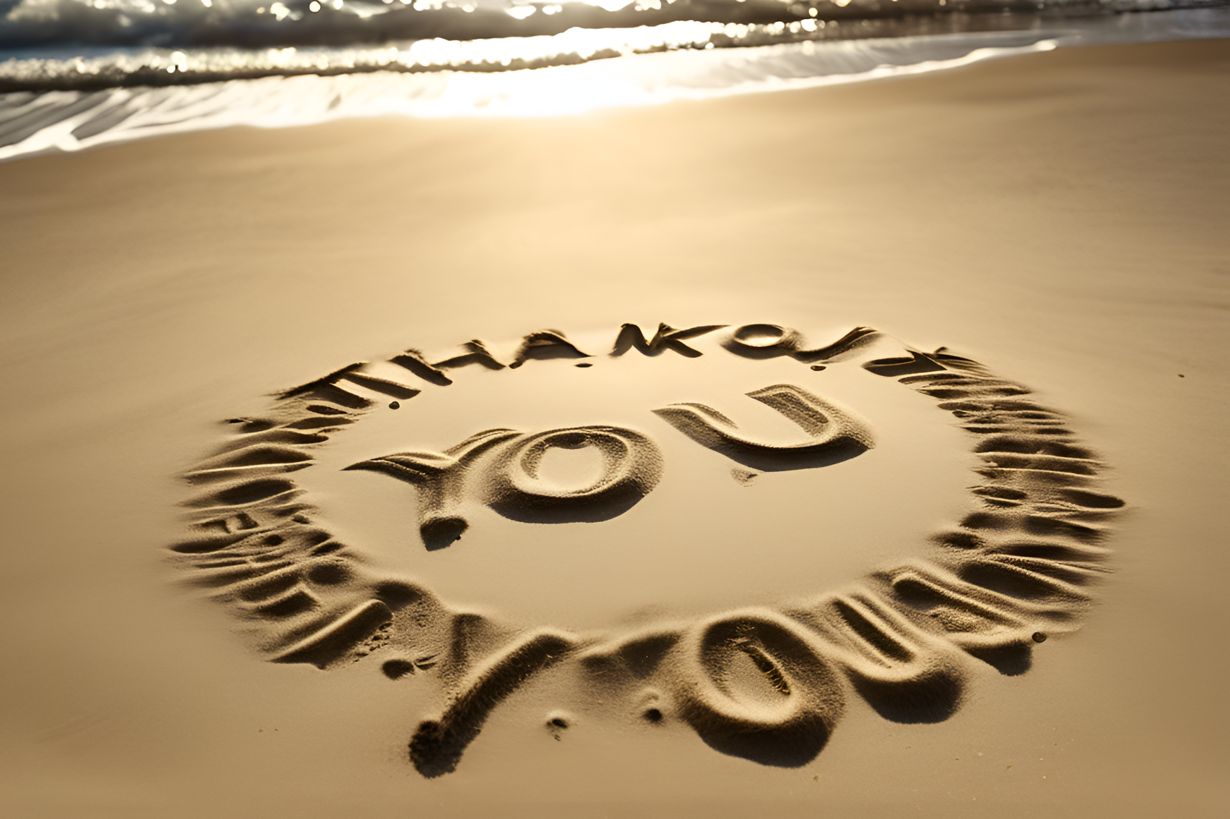 'Thank You' message written in the sand on a beach