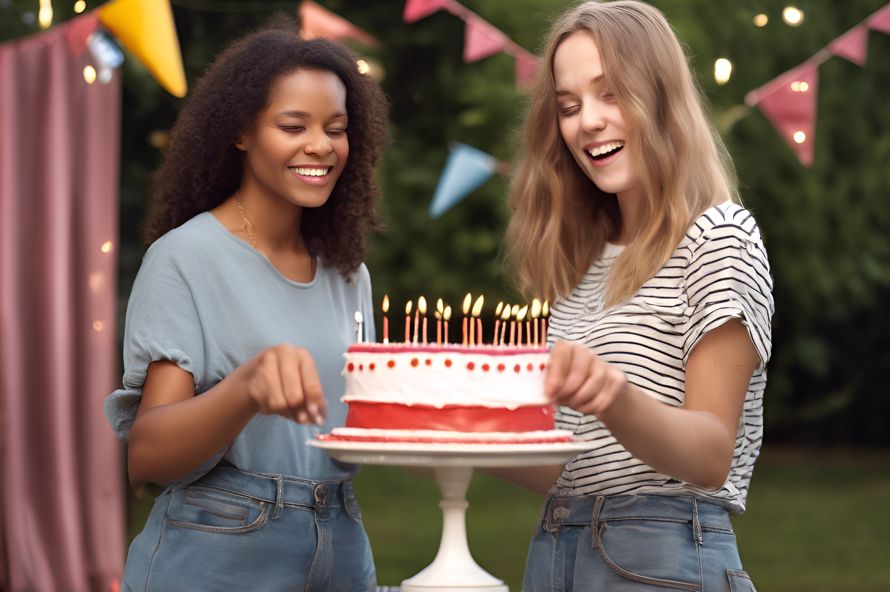 Two female friends celebrating a birthday