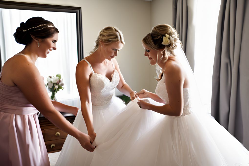 Bridesmaids helping a bride
